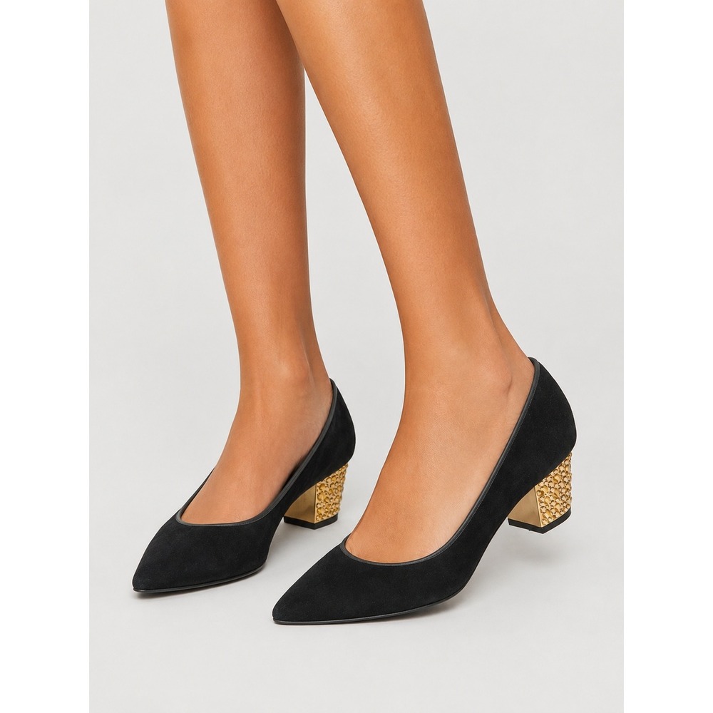 Giuseppe Zanotti Black Suede Studded Crystal Block Heel Pumps Pointed Toe 37 7